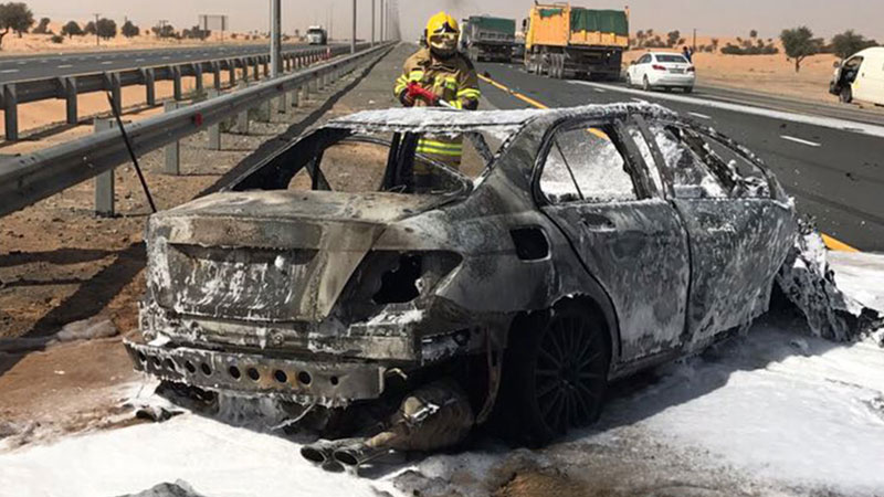 1 injured after car bursts into flames on Emirates Road