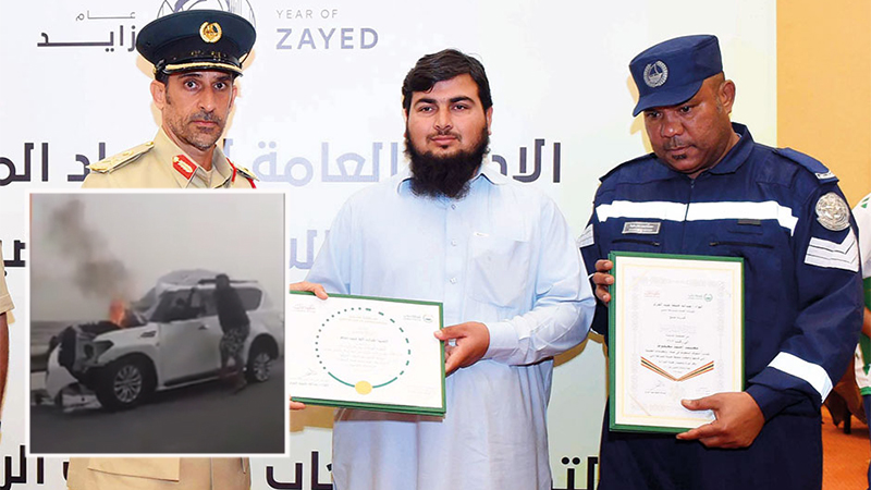 Dubai policeman, driver honoured for saving man trapped in burning vehicle