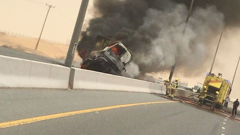 Truck bursts into flames in Sharjah crash