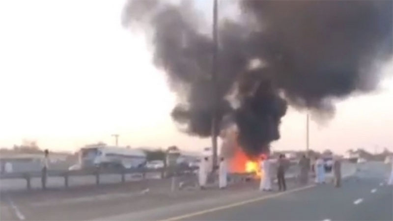 Car catches fire after crashing into UAE electric pole