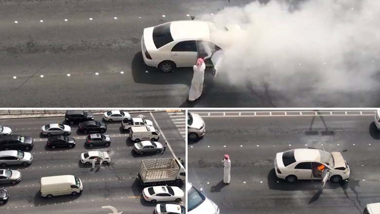 Man averts disaster after crashed car catches fire in Abu Dhabi