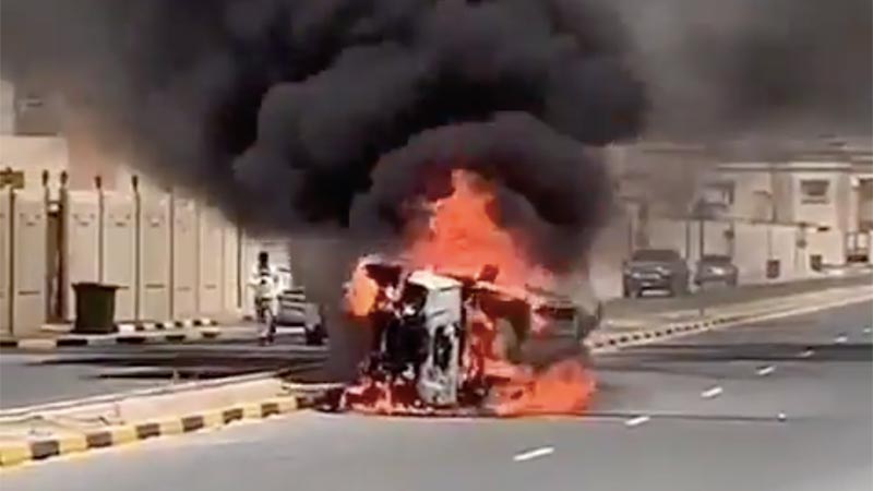 SUV catches fire in Ajman road accident