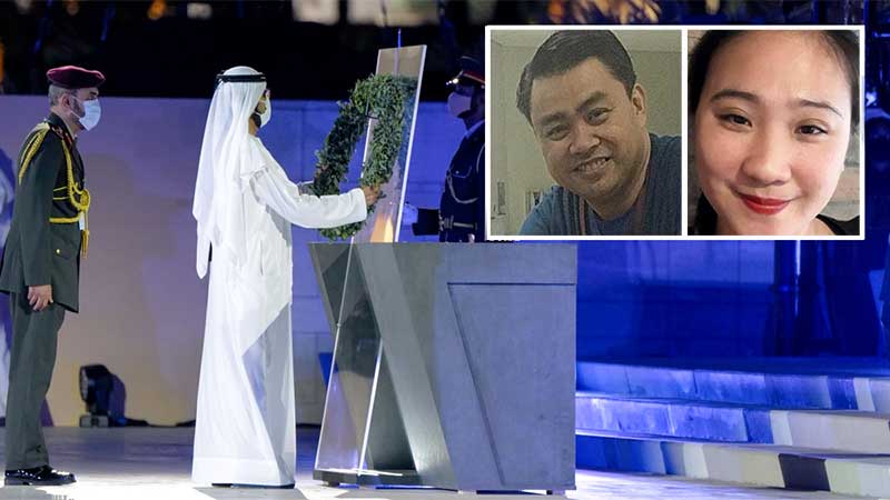 Sheikh Mohammed lays a wreath on the Martyr’s Monument in Wahat Al Karama, Abu Dhabi on November 30, 2020.