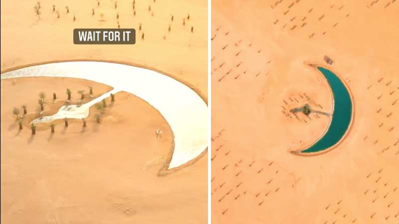 Crescent moon lake spotted in Dubai desert