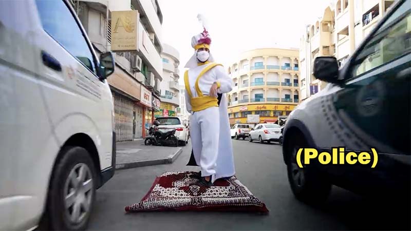 Aladdin rides magic carpet on Dubai streets, seas