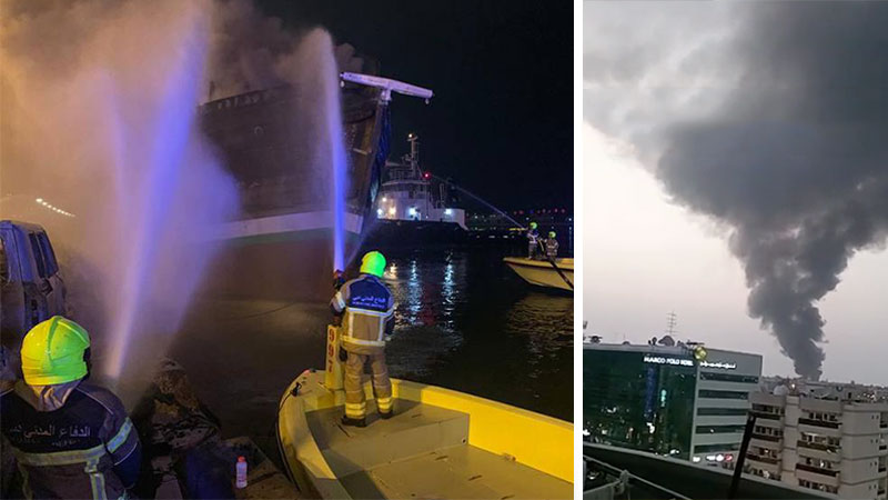Dubai cargo boat loaded with cars catches fire off Deira port