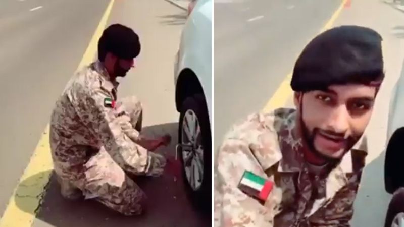 UAE: Armed forces personnel helps woman fix her flat car tire, goes viral
