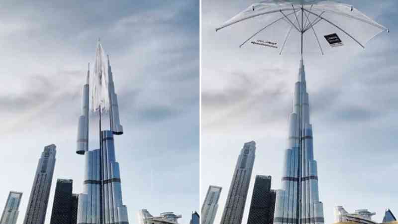 UAE: Giant umbrella comes out of Burj Khalifa to cover it from rain