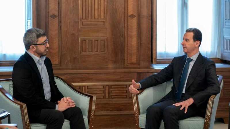 Bashar Al Assad (left) meets with UAE's Sheikh Abdullah bin Zayed Al Nahyan (right) in Damascus, Syria