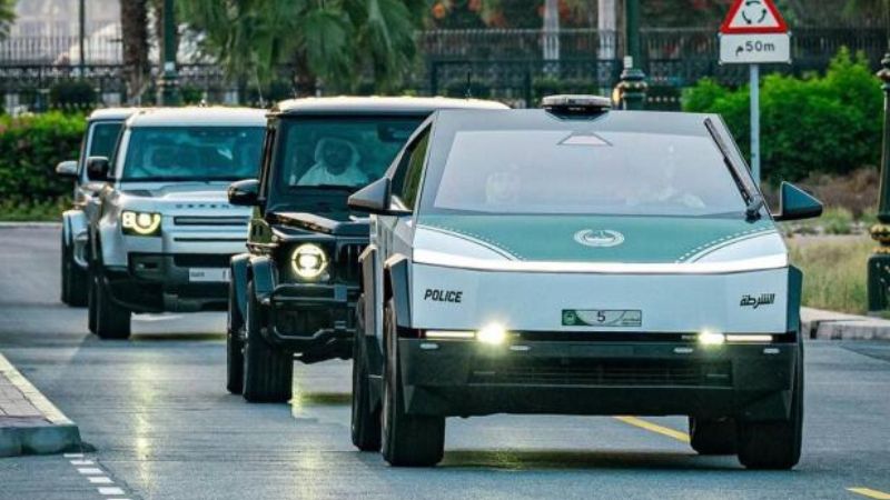 Dubai Police Cybertruck patrol car escorts Sheikh Hamdan
